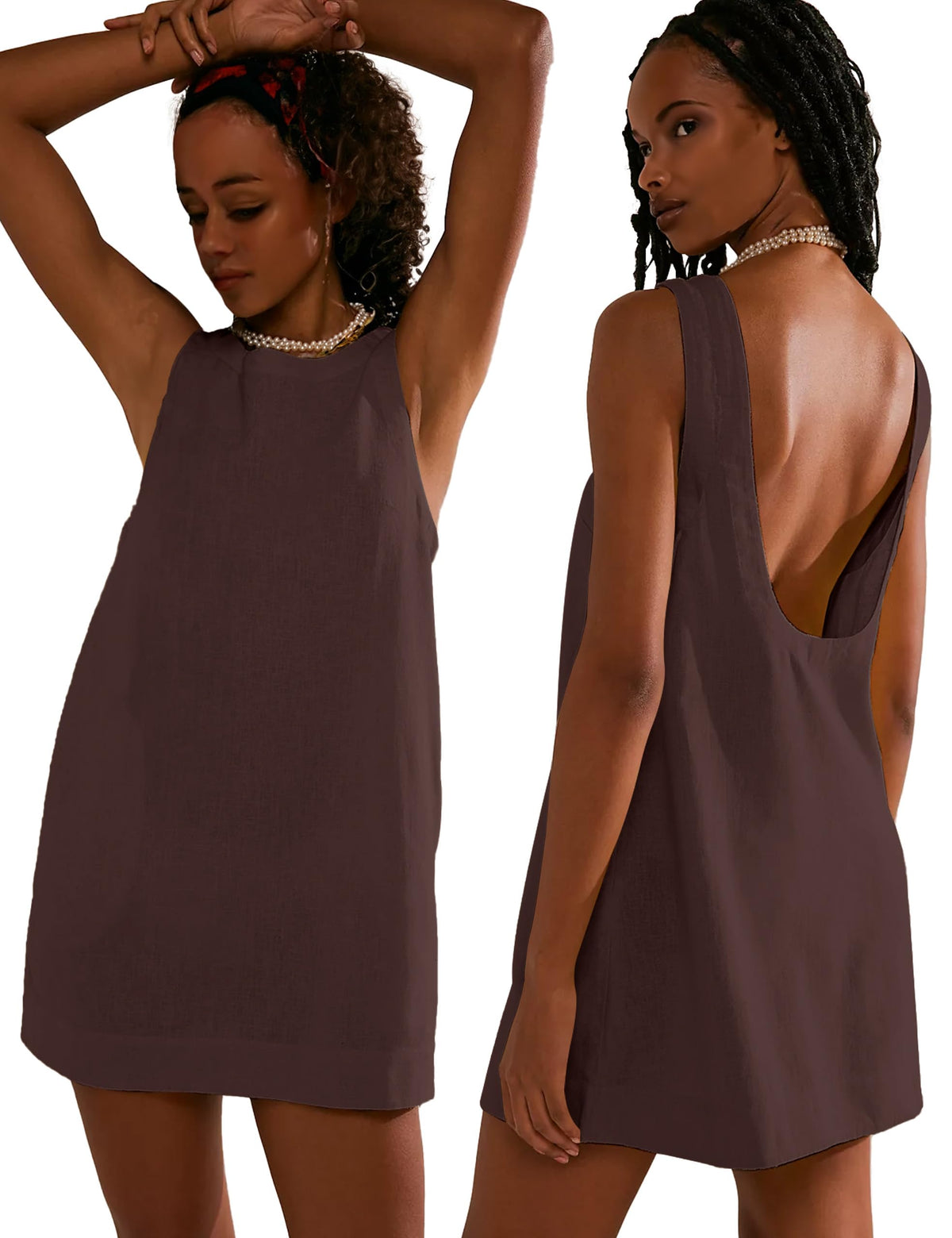 VIUTIL Womens Summer Mini Dress Sleeveless Low Back Short Linen Dress Casual Vacation Outfits Trendy Dress 2024, Chocolate Brown, X-Large