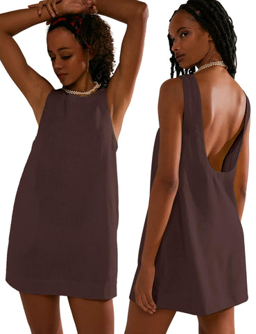 VIUTIL Womens Summer Mini Dress Sleeveless Low Back Short Linen Dress Casual Vacation Outfits Trendy Dress 2024, Chocolate Brown, X-Large