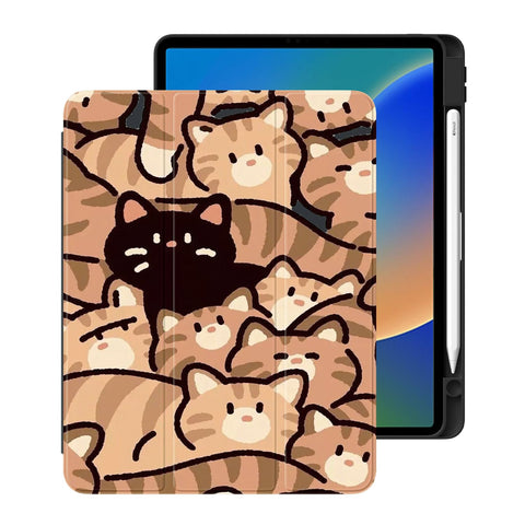 Cute Kawaii Cat Case for iPad 10th Generation Case 10.9 Inch 2022 with Pencil Holder, Foldable Black Leather Cover Case, Support Auto Sleep Wake