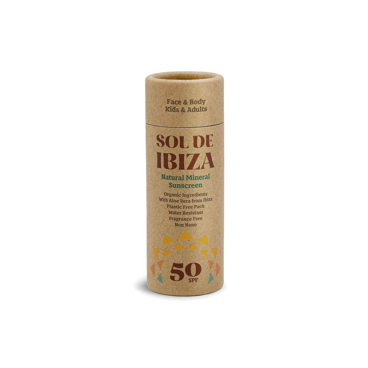 Sol de Ibiza Plastic Free - Face & Body Natural Mineral Sunscreen Stick SPF50 - Waterless Solid Sunscreen - Natural ingredients - Non Nano zinc oxide - Vegan - Adults & Kids - 45g