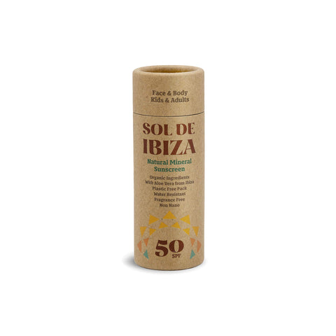 Sol de Ibiza Plastic Free - Face & Body Natural Mineral Sunscreen Stick SPF50 - Waterless Solid Sunscreen - Natural ingredients - Non Nano zinc oxide - Vegan - Adults & Kids - 45g