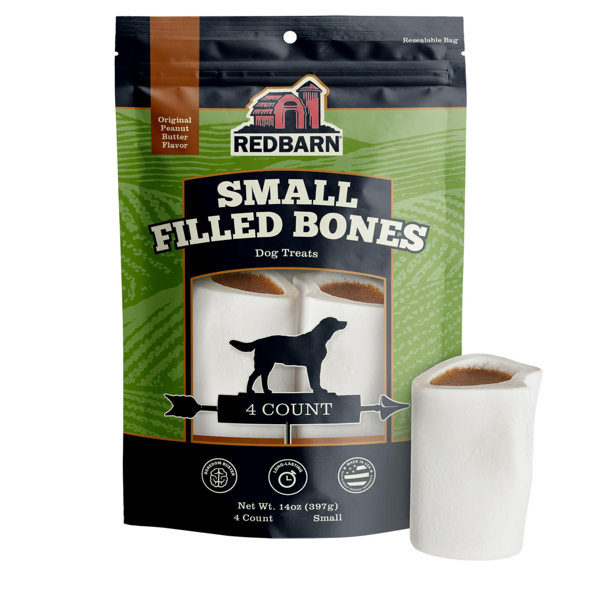 Redbarn Small Filled Dog Bones, Peanut Butter Flavor - Long Lasting Stuffed Femur Chew Treat Made in USA - 4 Count - Packaging May Vary