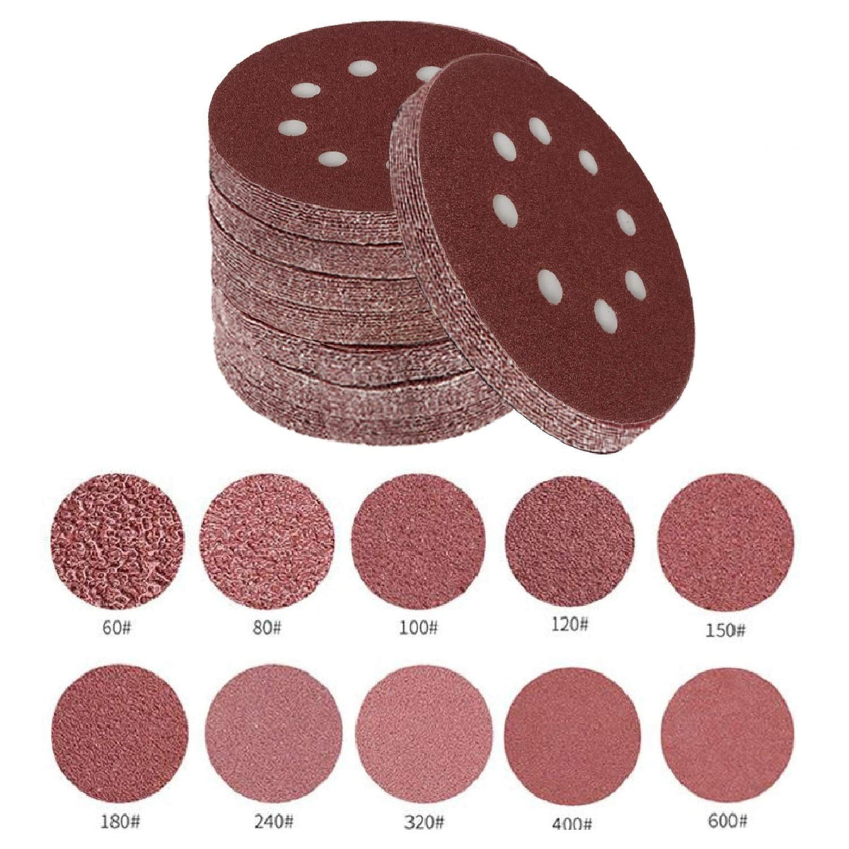 5 Inch With 8 Holes Dustless Hook-and-Loop Circular Sanding Discs Sandpaper (100)
