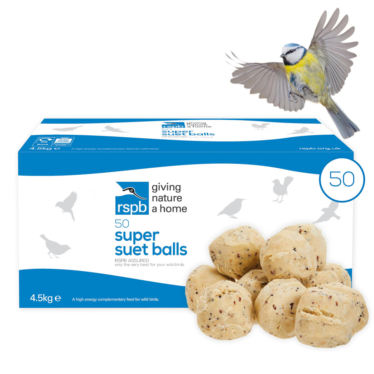 Fat Balls for Wild Birds, High Energy Food, Suet Balls for Wild Birds, Made in the UK, Suitable for Year-round Feeding (Box of 50) - RSPB