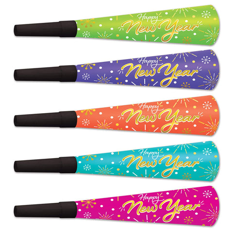 Happy New Year Neon Burst Horns Noisemaker Party Favors And Supplies, 9", Multicolored Pack of 100