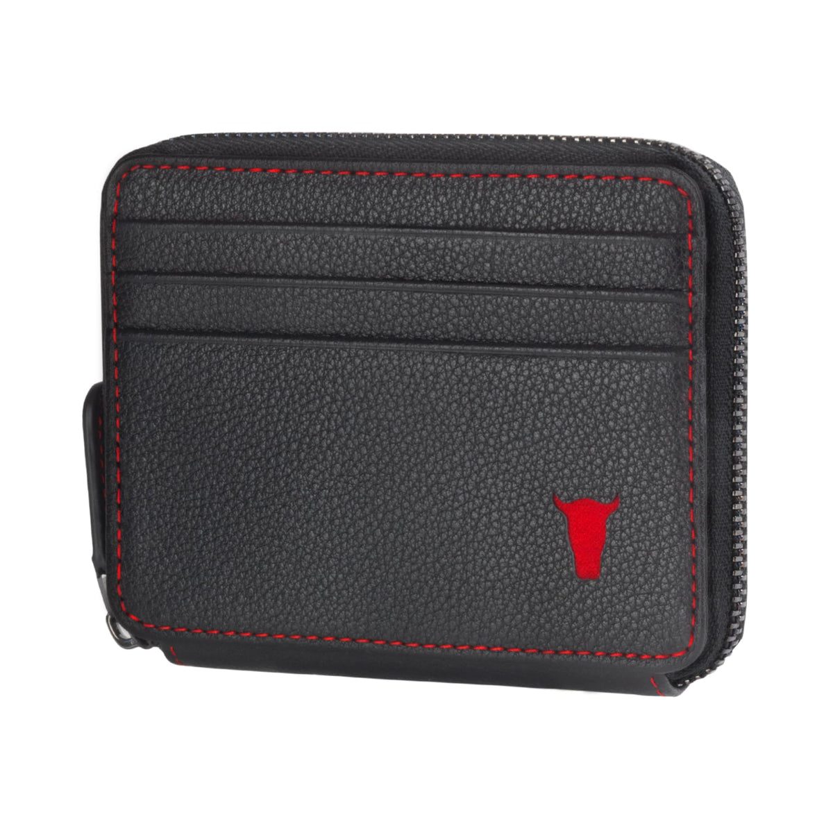 TORRO Leather Card Holder with Coin Case - RFID Blocking Premium Leather Credit Cardholder with Zipped Coin Pouch (Black with Red Detail)