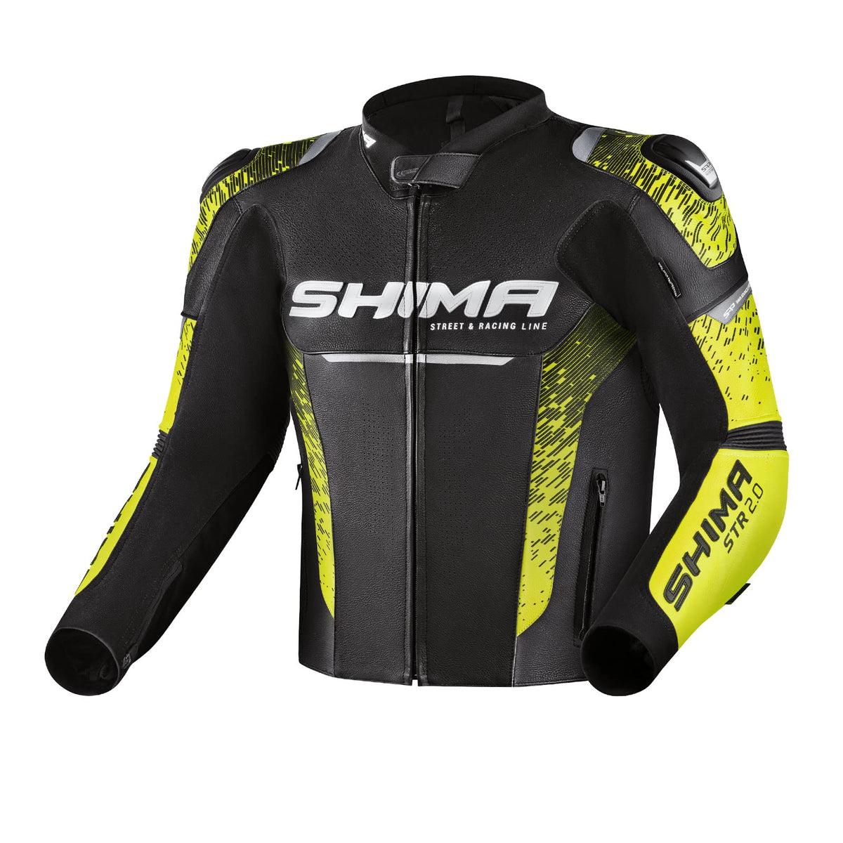 SHIMA STR 2.0 Motorbike Jacket Leather, sport jacket with back, elbows, shoulders protectors, perforated leather, for 2-piece suit (Black/Fluo, 50)
