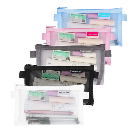 TFSYLISA 5Pcs Pencil Case Exam Stationery Pouch Transparent Nylon Mesh Zipper Storage Bag Cosmetic Organizer Bag Portable Travel Toiletry Pouch for Student Adults