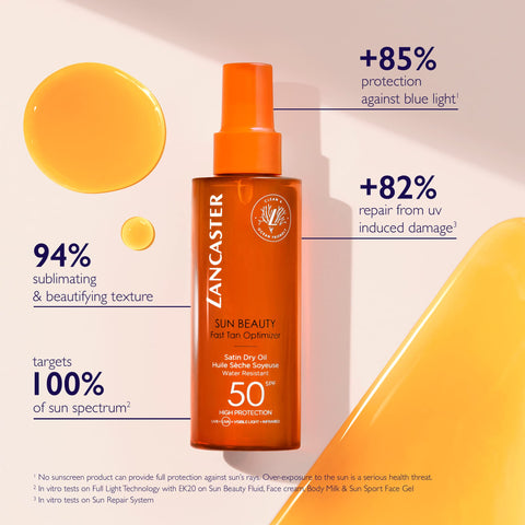 Lancaster Sun Beauty Fast Tan Optimizer Satin Dry Oil SPF50 150ml, Sunscreen For Body, Broad Spectrum Sun Protection
