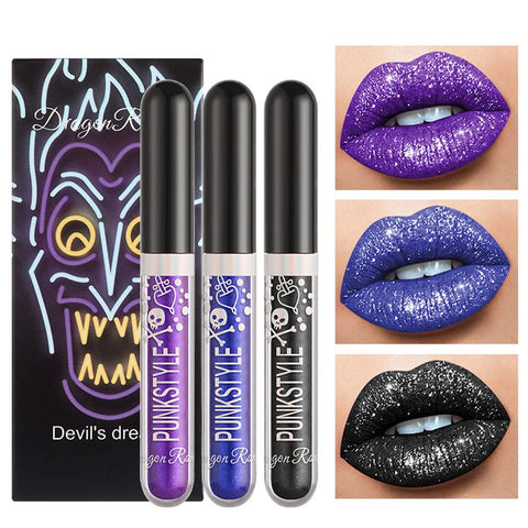 Glitter Lip Gloss Set, 3Pcs Black Purple Blue Glitter Lipsticks Diamond Shimmer Metallic Liquid Lipstick Set, Sparkle Sparkly Glossy Liquid Lipstick Lip Gloss Set for Women Lips Make up (Set-D)