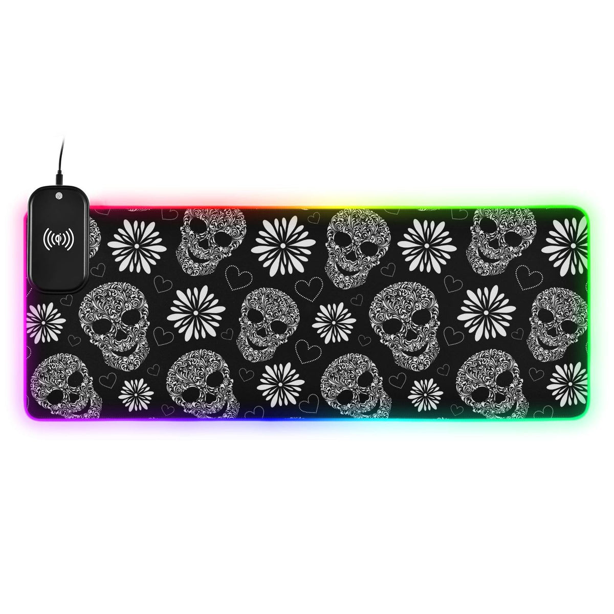 Floral Skulls Black Wireless Charging Mouse Pad for Mobile Phone Extra Large Gaming Mousepad with 13 Lighting Modes Extended Desk Mat for MacBook PC Laptop Desk Office Home Gaming