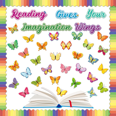 gisgfim Reading Bulletin Board Decorations Set Classroom Butterfly Bulletin Board Borders Cutouts Reading Gives Your Imagination Wings Back to School Bulletin Board Craft Home Library Wall Decor
