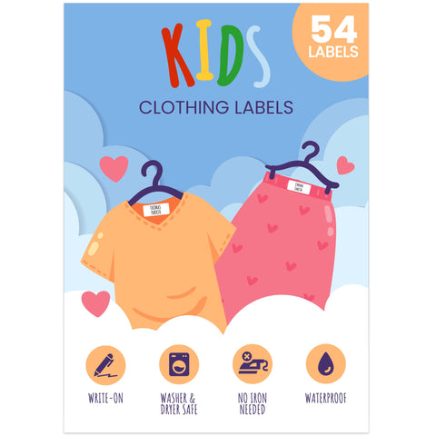 No-Iron Clothing Labels for Kids - Waterproof & Self-Stick Name Labels for Clothes to Write on - All Purpose Labels for Camp, Daycare, Nursing Home, Sleepaway - Washer & Dryer Safe, Pack of 54