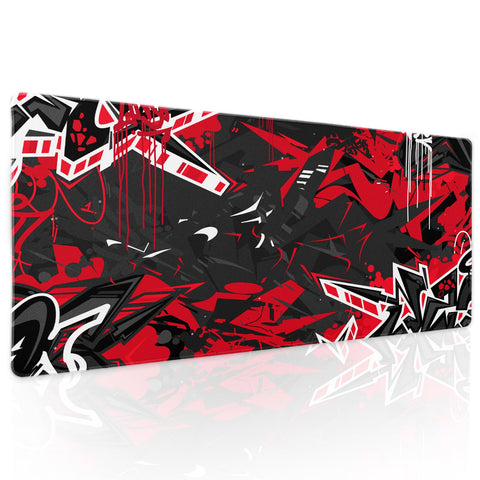 Black Red Gaming Mouse Pad XL Abstract Graffiti Geometric Cool Extended Big Large Desk Mat Non-Slip Rubber Base Stitched Edge Long Keyboard Mousepad for PC Computer Laptop,31.5Ã—11.8 in
