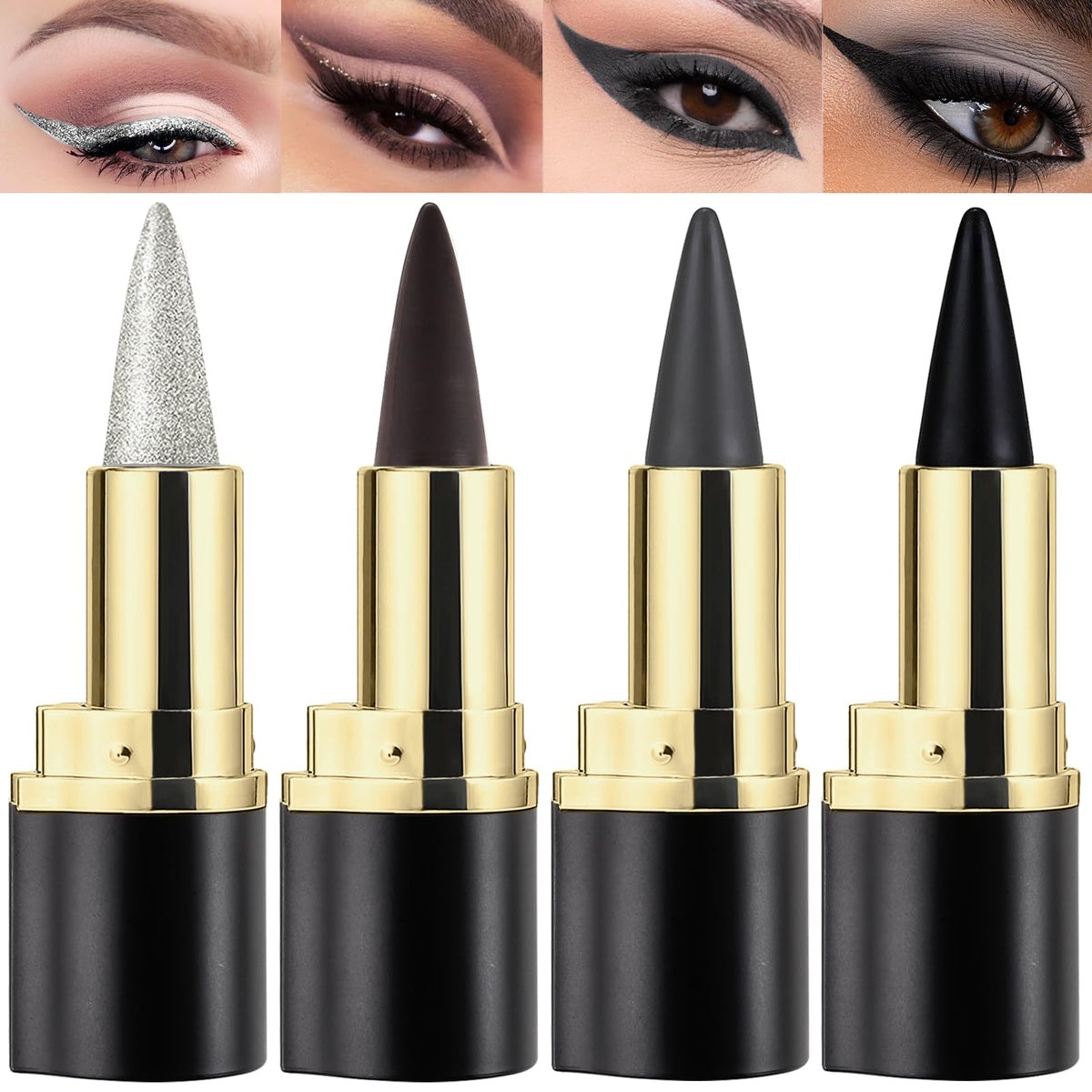 Jutqut 4Pcs Black Brown Silver Gray Gel Eyeliner Set, Cream Eyeliner Tool Waterproof Eyeliner Pencil, Matte Black Eye-liner Pencil Tattoo Eyeliner Pen, Cat Eye Eyeliner, Eyeliner Gel Stick Makeup Eye-liners for Women Girls, 01#02#03#04
