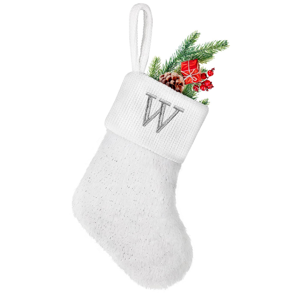 7 inches Initial Monogram Christmas Stocking White Personalized Christmas Stockings with Embroidered Letters W Soft Initial Christmas Stocking for Xmas Holiday Christmas Tree Fireplace Decor(W)