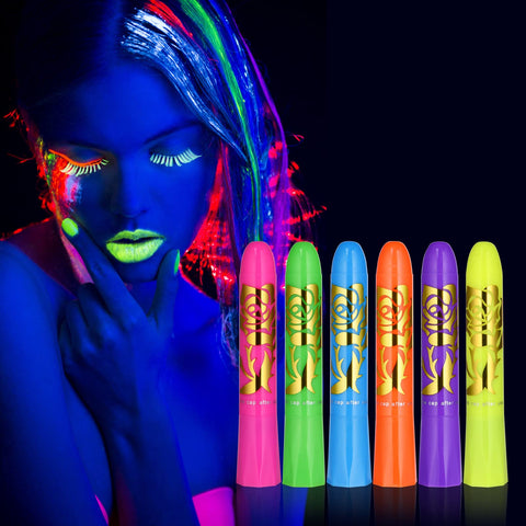 AOOWU Glow UV Neon Glow Face Paint Crayons Kit, 6 Colors Safe Non-Toxic UV Glow Neon Face and Body Crayons for Adults Kids Halloween Makeup Party Cosplay - Fluorescent Brightest Glow under UV!