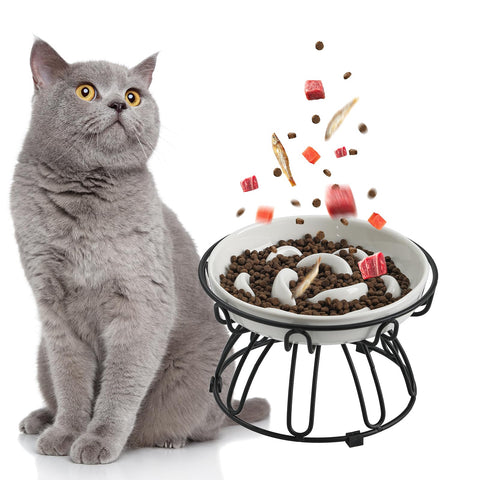 Elevated Slow Feeder Cat Bowl - Ceramic Cat Food Bowl with Anti-Slip Metal Stand - Pastel Series Slow Feeding Cat Plate - Raised Cat Dish Maze Healthy Eating - Cat Puzzle Feeder - 7 OZ - Ivory White