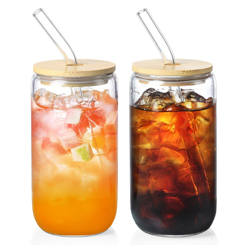 2 Pack Glass Cups with Bamboo Lids and Straws 16 oz, Gifts for Women, Can Shaped Drinking glasses set, Iced Coffee Cup, Tea Cup, Cute Aesthetics Tumbler Cup, Mothers Day, Birthday Gifts for Her Mom