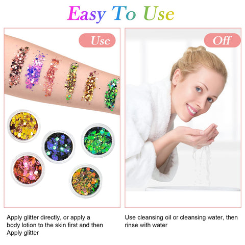 AOOWU Chunky Glitter, 12 Colors Festival Glitter, Nail Glitter Powder, Holographic Cosmetic Glitter for Face Body Eye Hair Nail and DIY Art (A)