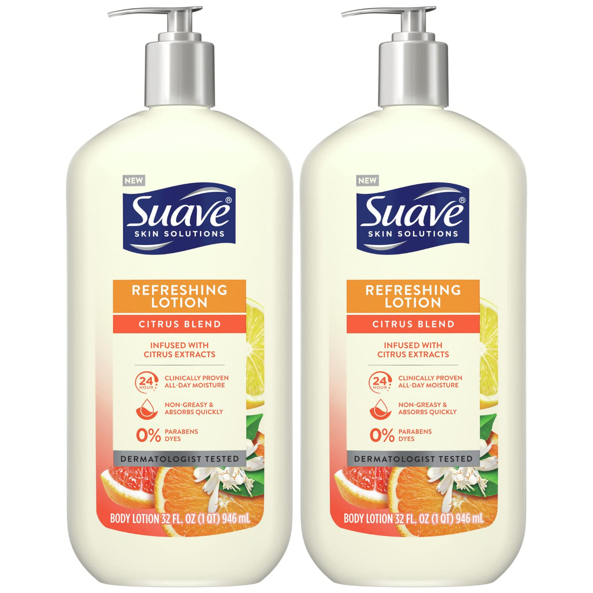 Suave Body Lotion, Refreshing Citrus Blend - Moisturizing Body Lotion for Dry Skin Infused with Citrus Extracts, Paraben-Free, Scented Lotion, 32 Oz (Pack of 2)