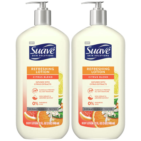 Suave Body Lotion, Refreshing Citrus Blend - Moisturizing Body Lotion for Dry Skin Infused with Citrus Extracts, Paraben-Free, Scented Lotion, 32 Oz (Pack of 2)
