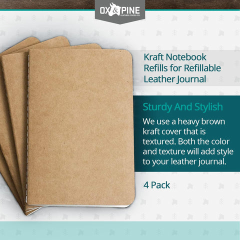 Ox & Pine Kraft Notebook Refills for Refillable Leather Journal (4 Pack) 4"x6", 5"x7", or 6"x8" (5x7, Lined Paper)
