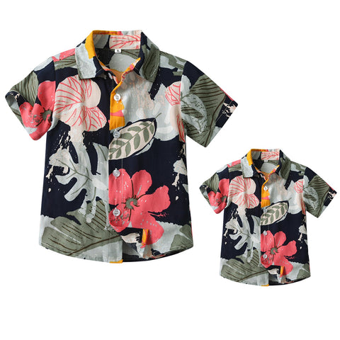 Winmany Family Hawaiian Shirts Father and Son Matching Beachwear Tropical Floral Leaves Print Tops Red