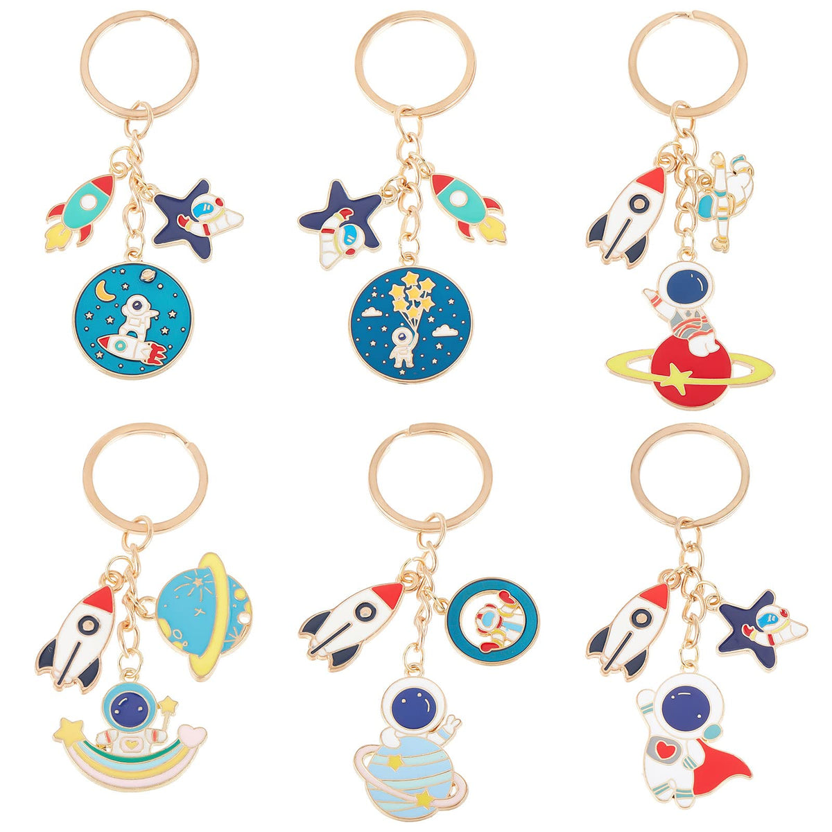 OLYCRAFT 6 Pcs Alloy Enamel Keychains Spaceman Rocket Key Chain Astronaut Star Pattern Key Ring Pendants for Purse With Rectangle Velvet Pouches for Women Men Car Purse Bag - 6 Styles