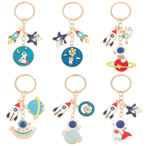 OLYCRAFT 6 Pcs Alloy Enamel Keychains Spaceman Rocket Key Chain Astronaut Star Pattern Key Ring Pendants for Purse With Rectangle Velvet Pouches for Women Men Car Purse Bag - 6 Styles