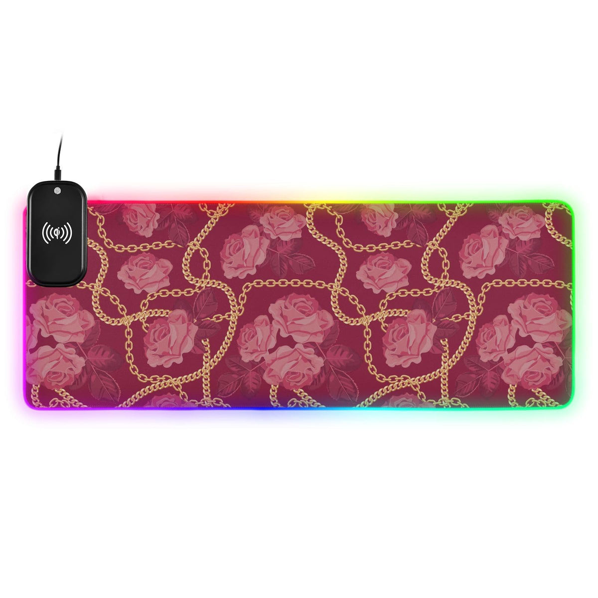 Golden Chains Red Rose Wireless Charging Mouse Pad for Mobile Phone Extra Large Gaming Mousepad with 13 Lighting Modes Computer Mat for Gaming MacBook PC Laptop Desk Office Home