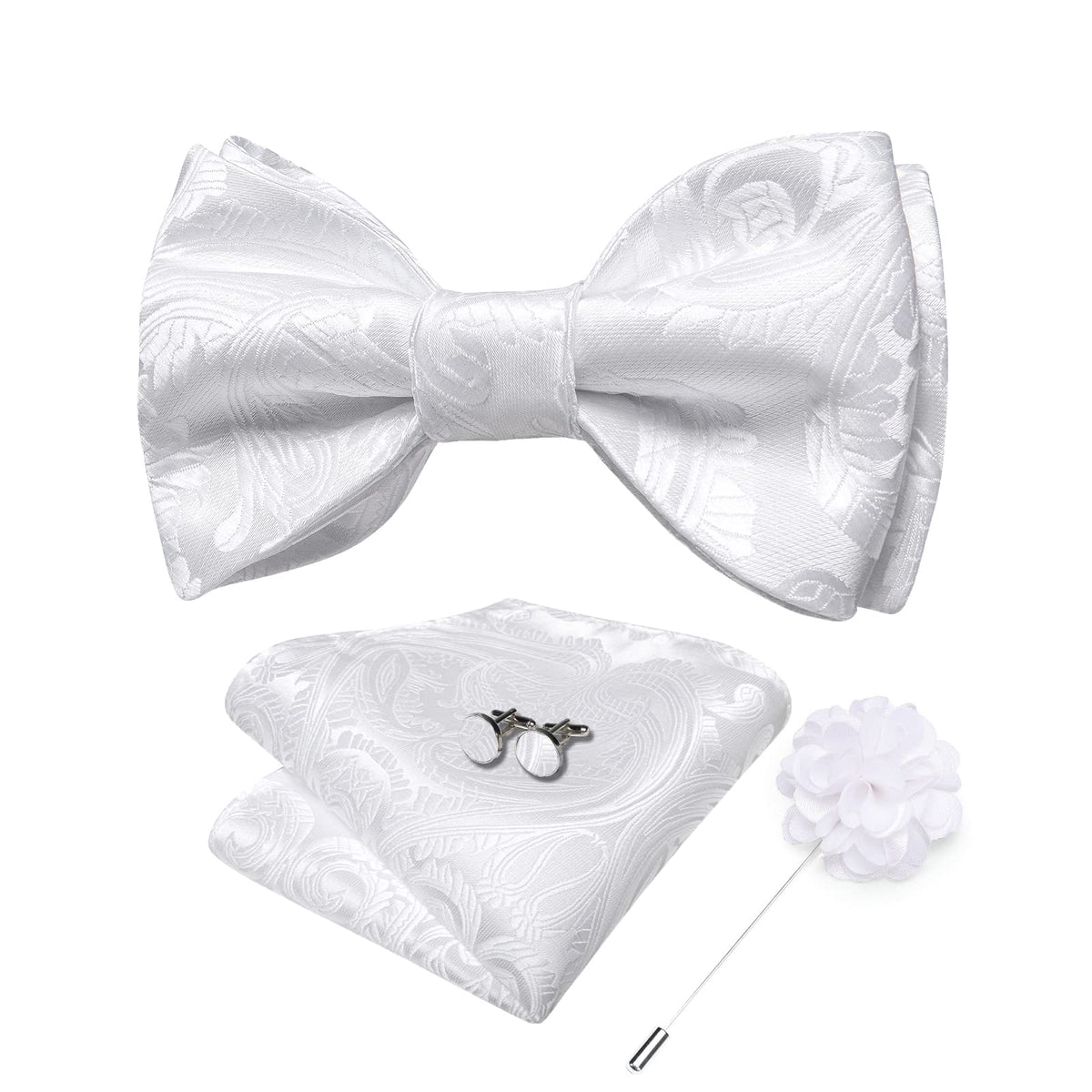 DiBanGu White Bow Ties for Men Paisley Bowtie Set with Pocket Square Lapel Pin Cufflinks Silk Woven Wedding Bow Tie