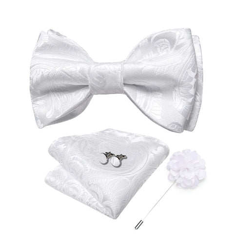 DiBanGu White Bow Ties for Men Paisley Bowtie Set with Pocket Square Lapel Pin Cufflinks Silk Woven Wedding Bow Tie