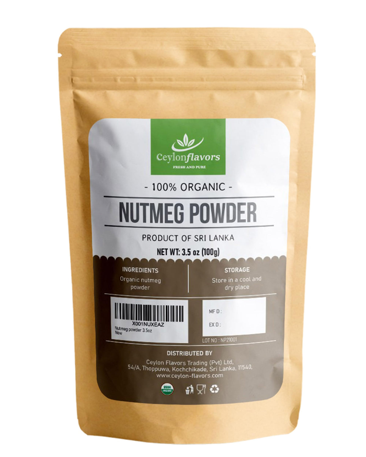 Organic Nutmeg Powder (3.5 oz), Premium Grade, Harvested & Packed from a USDA Certified Organic Farm in Sri Lanka (stand up resealable pouch)