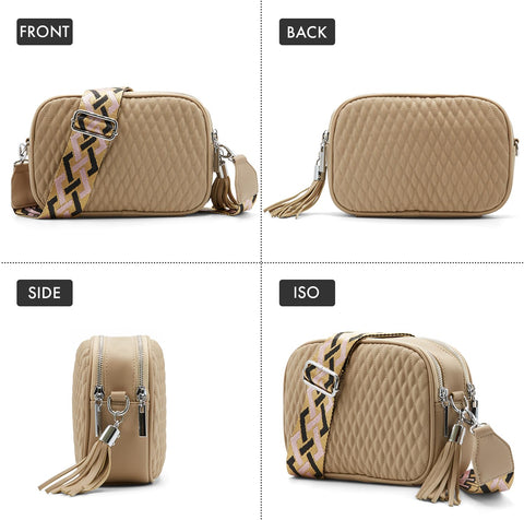 Woodland Leathers Women's Cross Body Bag, Quilted Crossbody Shoulder Bags, Multi Pocket Satchel Small Black Handbag, Fashion Bottega Bag with Wide Strap