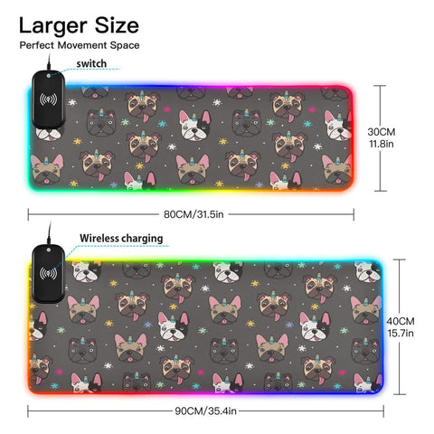 Cute Pugs Unicorn Horn Wireless Charging Mouse Pad for Mobile Phone Extra Large Gaming Mousepad with 13 Lighting Modes Computer Mat for Gaming MacBook PC Laptop Desk Office Home