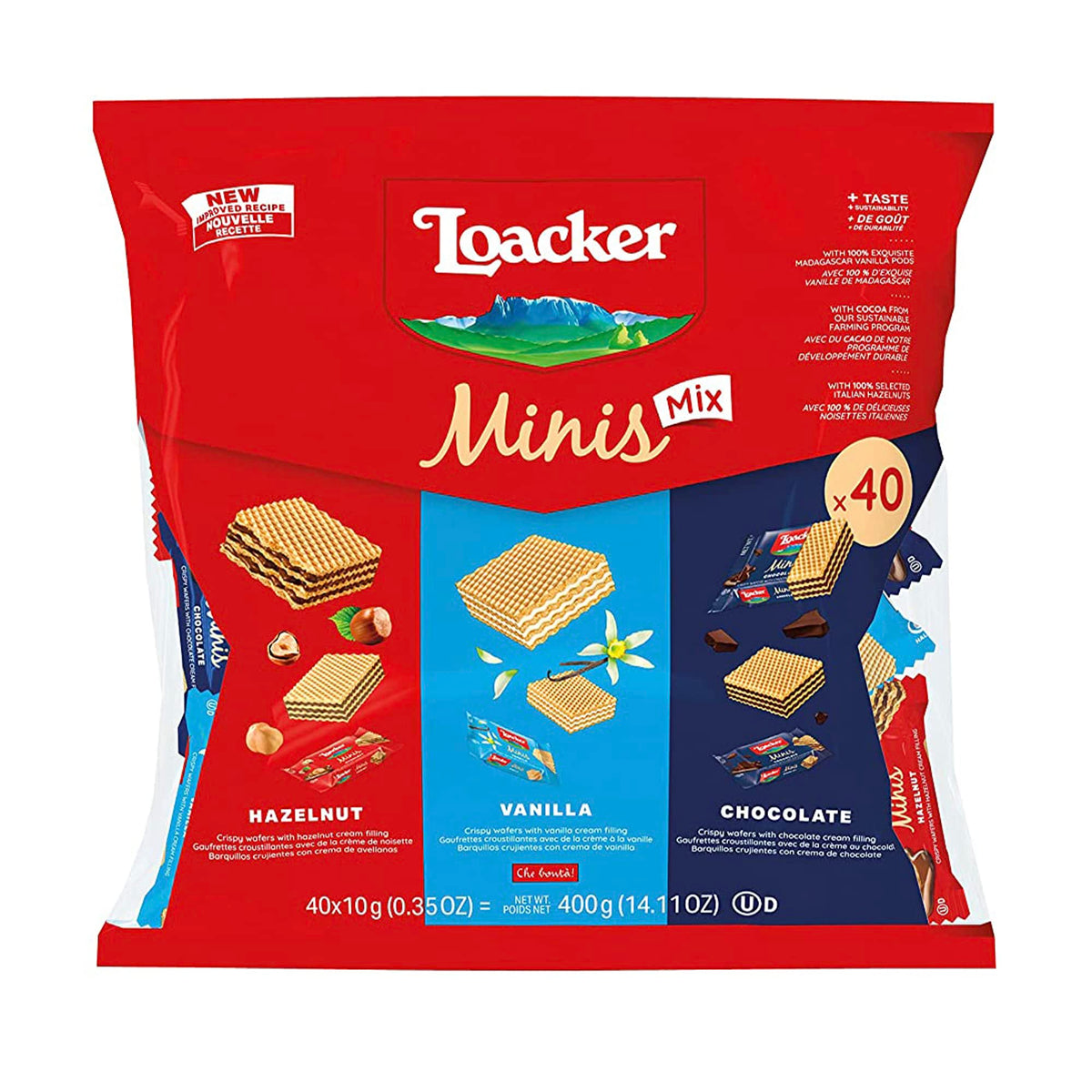Loacker Minis Wafer Variety Pack - 30% Less Sugar - Premium Assorted Cream Filled Wafer Cookies, 10g, 40 Individually Wrapped Snacks