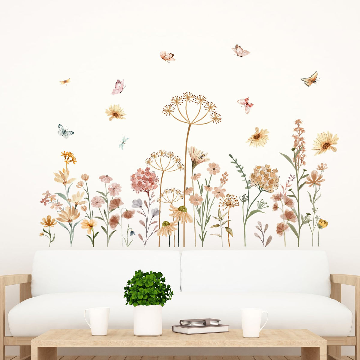 Boho Flower Wall Stickers for Bedroom: Peel and Stick Wildflower Floral Butterflies Wall Stickers - Sofa TV Background Home Art Wall Decor