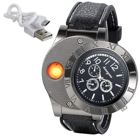 JewelryWe Mens Novelty Cigarette Lighter Watch USB Charging Windproof Quartz Wrist Watch for ValentineÃ¢â‚¬â„¢s Day