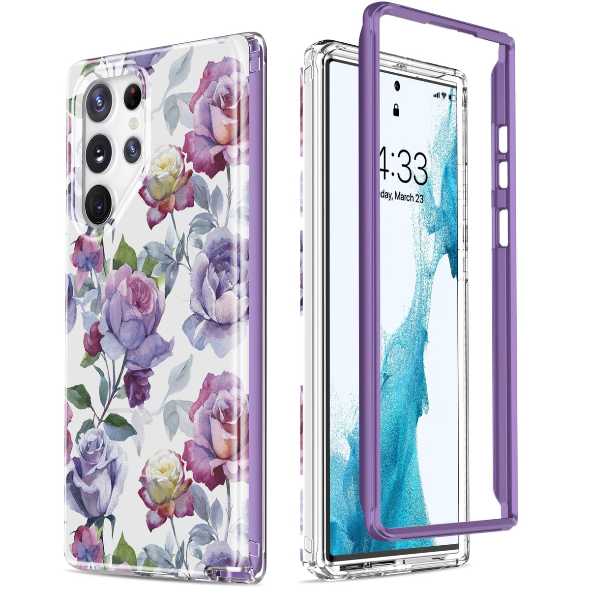 Esdot for Samsung Galaxy S23 Ultra Case,Military Grade Passing 21ft Drop Test,Rugged Cover with Fashion Designs for Women Girls,Protective Phone Case for Galaxy S23 Ultra 6.8" Purple Pink Flowers