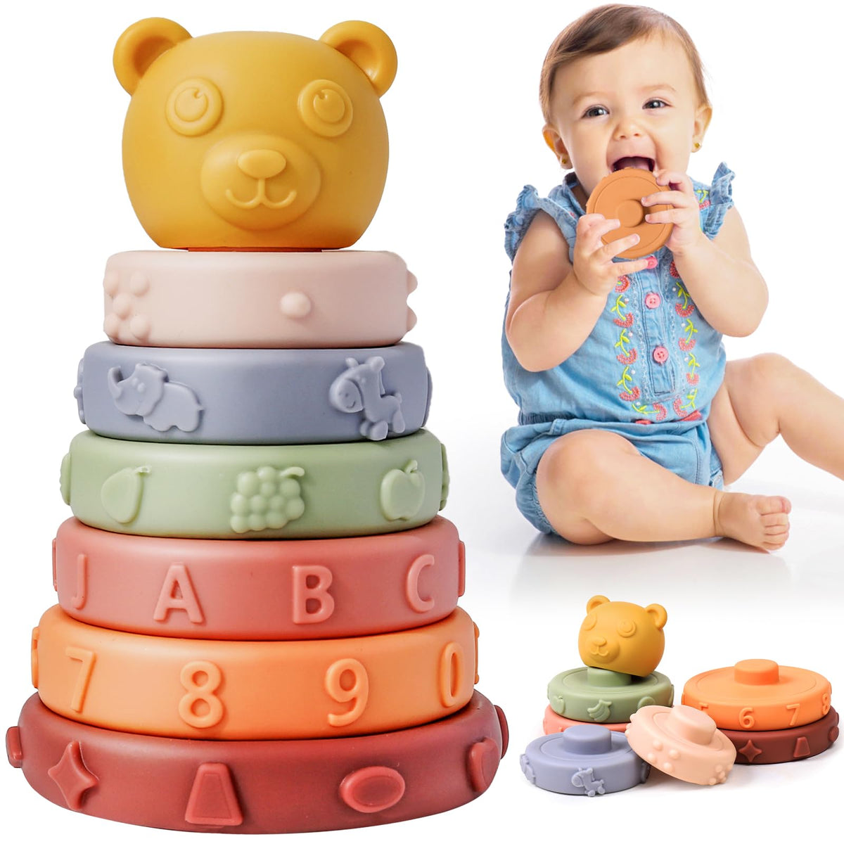 ONLYFUN Baby Toys 6+ Months, Montessori Bear Stacking Toys Early Educational Teething Baby Sensory Toys with Sound, Soft Building Blocks Circle, Toddlers Learning Gifts for Boys Girls 6 Month Plus