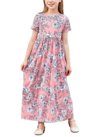 GORLYA Girl's Short Sleeve Floral Print Loose Casual Long Maxi Dress with Pockets 4-12 Years(GOR1001,14Y,PinkPrint)