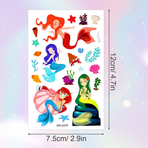 Konsait Mermaid Tattoos for Kids, 188+ Pcs Cute Temporary Tattoo Kids Body Stickers for Girls Children Birthday Mermaid Party Favors Boys Girls Kids Party Goodie Bag Fillers Supplies