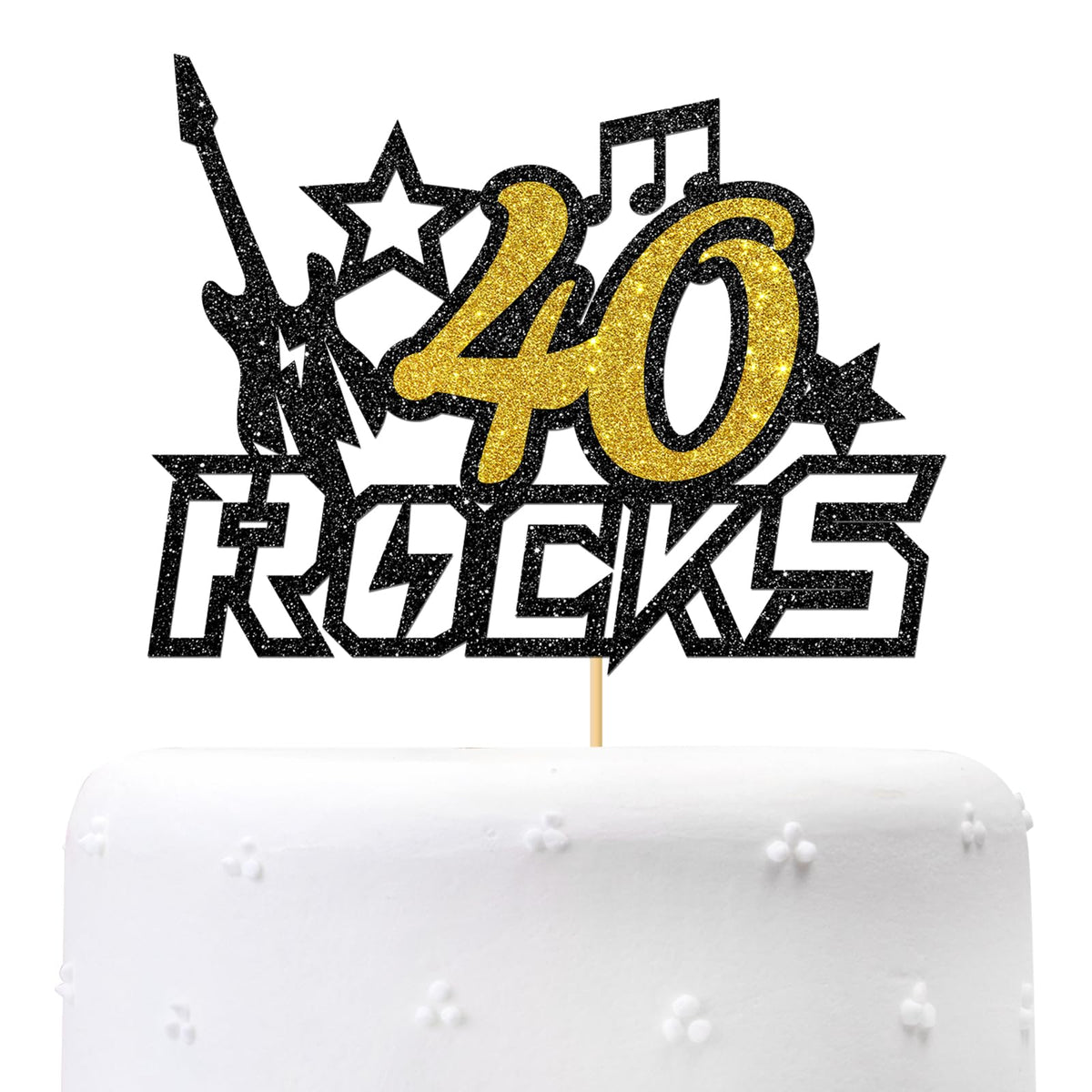 Maicaiffe 40 Rocks Cake Topper, Rock'n'Roll Party Cake Decorations - Music Rock 40th Birthday Party Cake Supplies Black Glitter