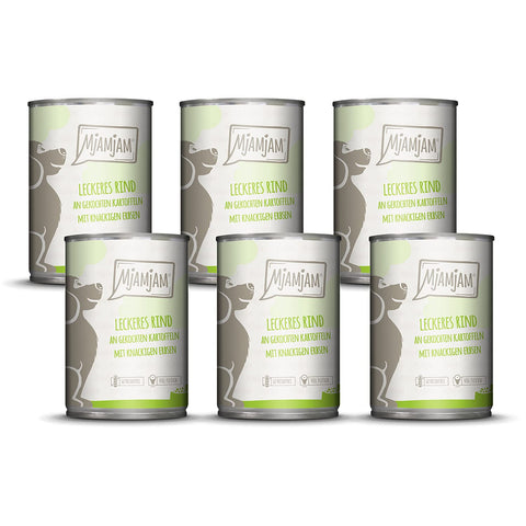 MjAMjAM - premium wet food for dogs - delicious beef on boiled potatoes with crunchy peas, pack of 6 (6 x 400 g), natural with extra meat