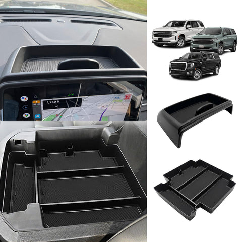 Muslogy for 2021-2024 Yukon Tahoe Suburban Sliding Center Console Armrest Organizer & Dash Storage Tray 2PCS Compatible with GMC Yukon Tahoe Suburban 2021 2022 2023 2024 Not for Denali (Console+Dash)