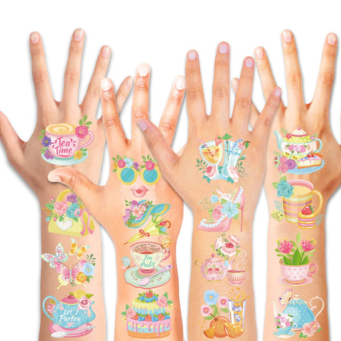 HOWAF 96 Pieces Tea Party Temporary Tattoos, 48 Styles Partea Birthday spring Party Supplies Temporary Tattoos Stickers for Girls Boys Gifts, Tea Kettle, Cupcakes, Tea Party Birthday Party Supplies