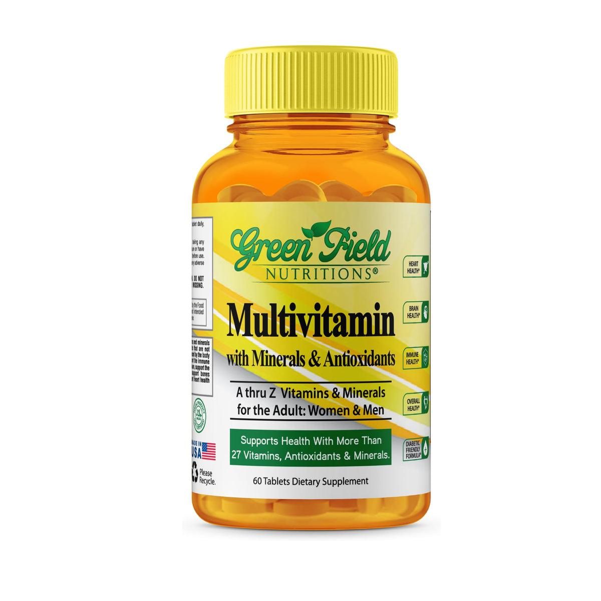 Greenfield Nutritions Halal Multivitamins for Women and Men - 60 Gelatin Free Multivitamin Tablets with 27+ Vitamin Minerals, A, B12, C, D3, Iron and Zinc - Supports Immunity Bone and Overall Health