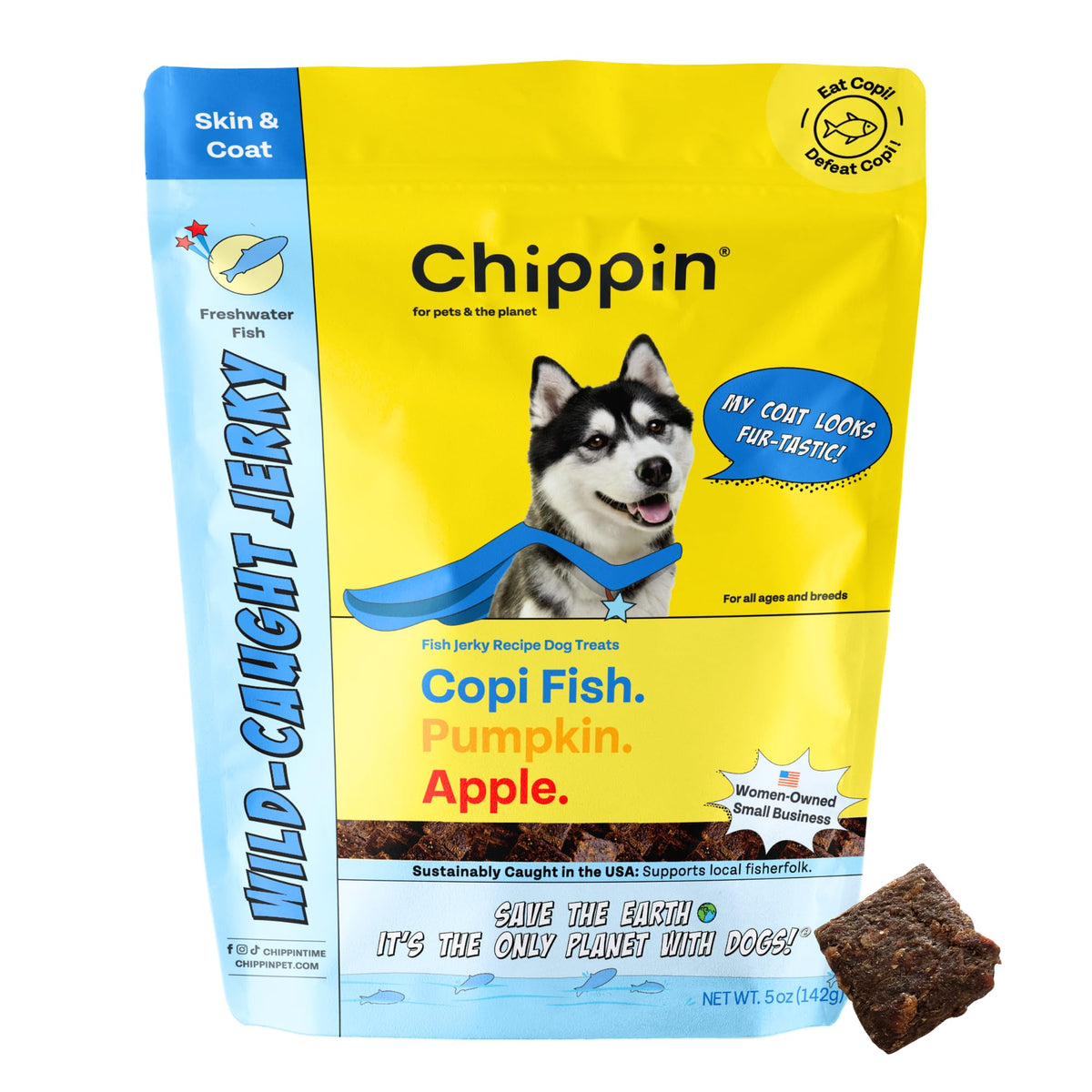 Chippin Skin & Coat Fish Jerky (5oz, 1-Pack) | Wild-Caught | Natural, Grain-Free, Hypoallergenic, Chicken-Free & Human-Grade Protein | Puppies & Senior Dogs | Low Fat