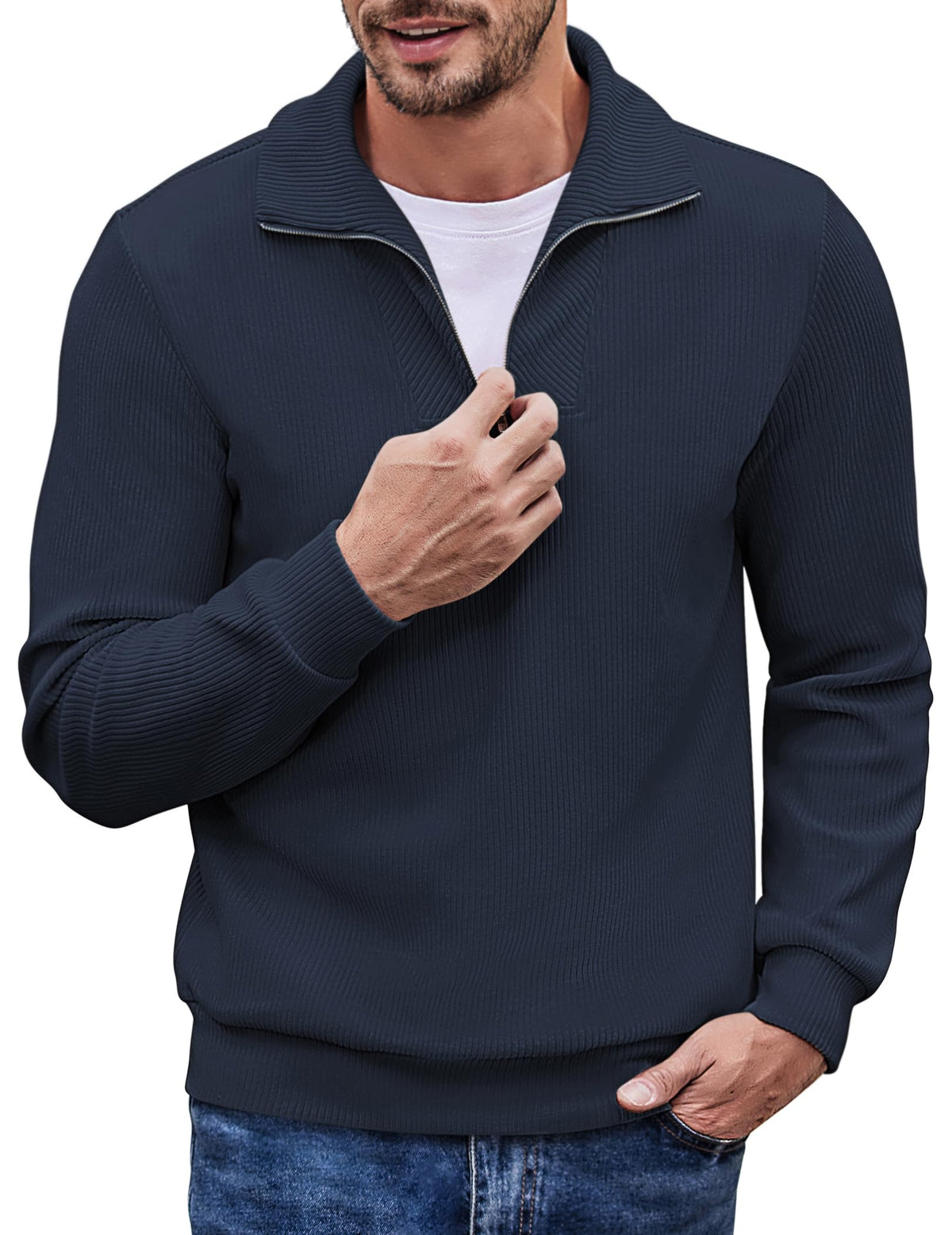 COOFANDY Men's Quarter Zip Up Pullover Slim Fit Mock Neck Long Sleeve Sweaters Casual Corduroy Polo Sweatshirt Navy Blue